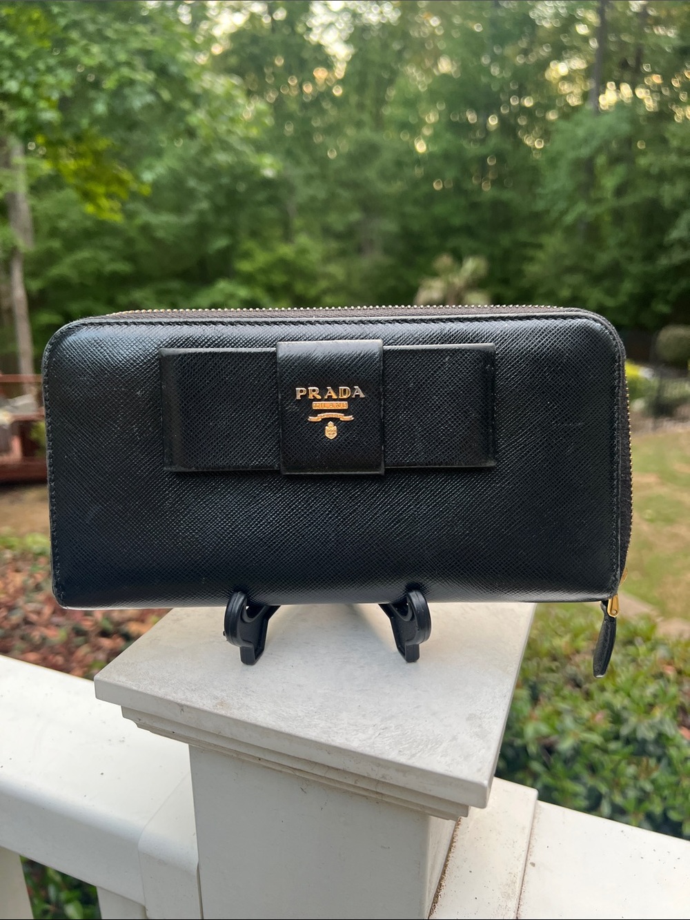 Prada Black Saffiano Zip-Around Wallet with Bow and Gold Logo